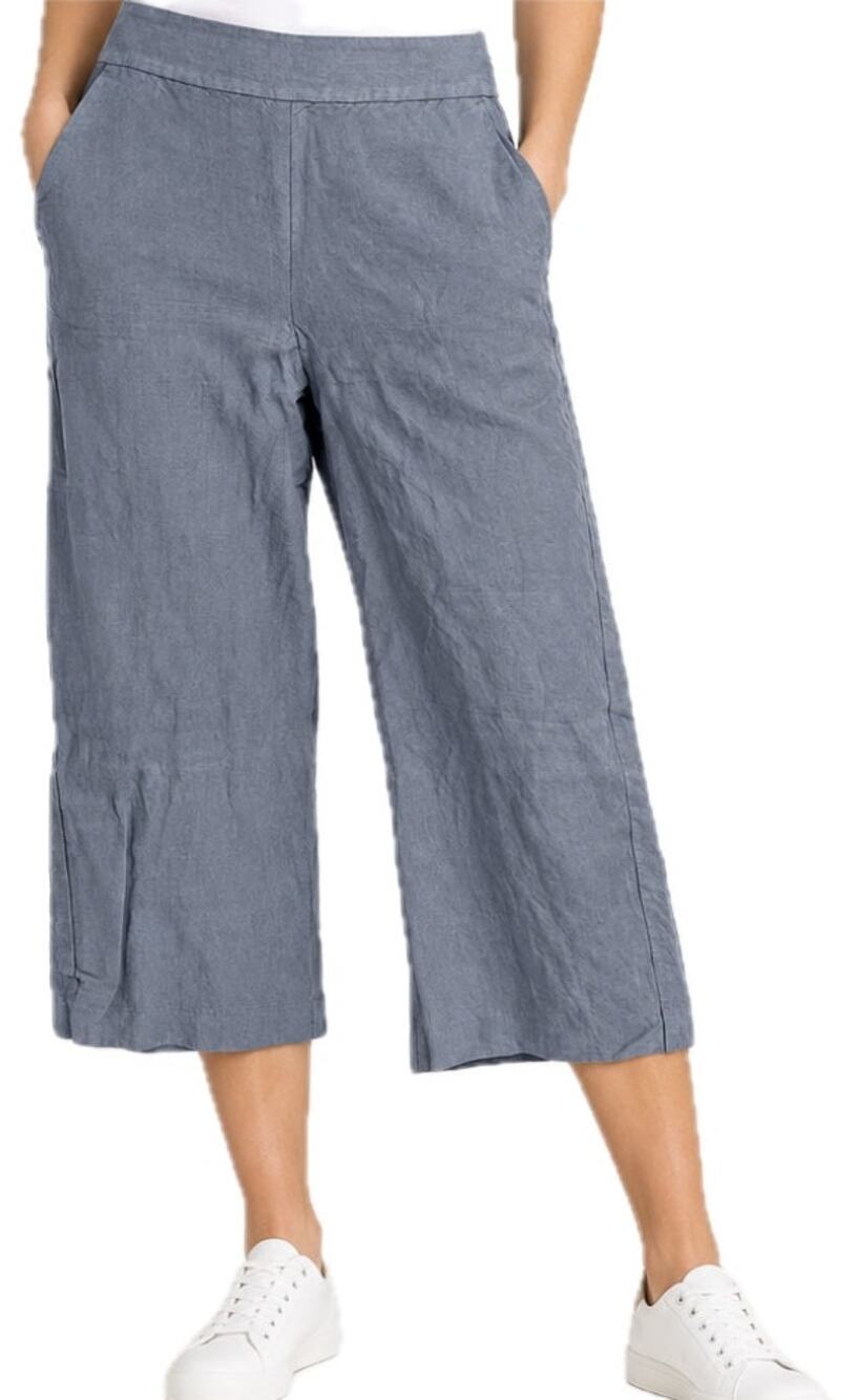 Ann Taylor LOFT Linen Culotte Wide Leg Crop Pants Side Zip Slash Pockets Blue 2